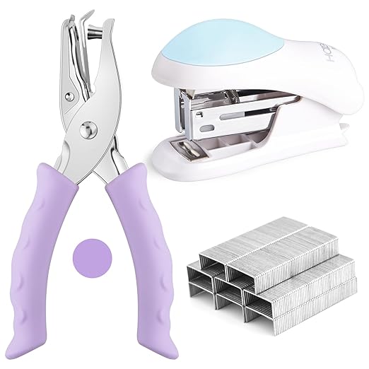NEBURORA Purple Single Hole Puncher Metal with Soft-Handled Bundle Blue Mini Effortless Desktop Staplers with 400 Standard Staples