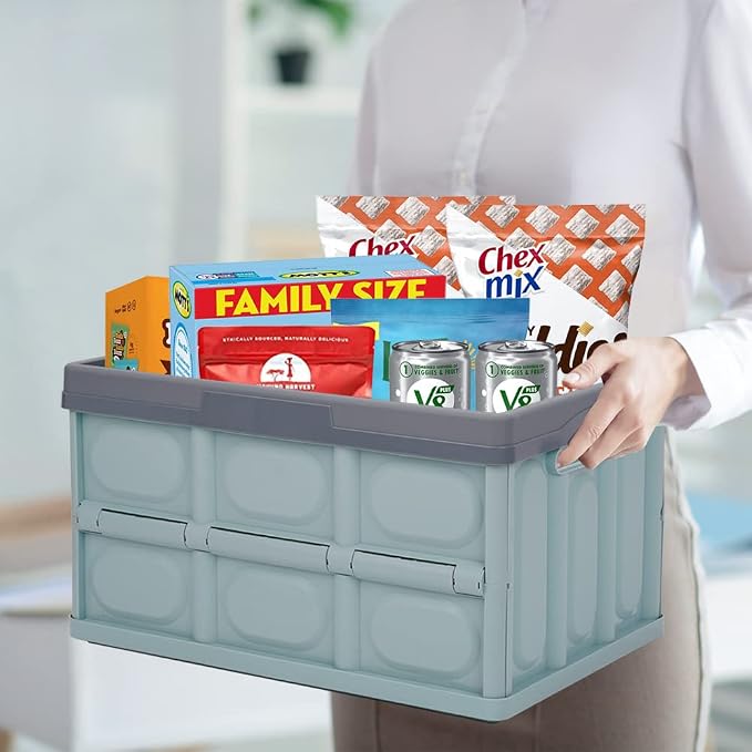 Lidded Storage Bin 2 Pack Plastic Storage Crates, 28L-Blue Stackable Plastic Storage Boxes Container, Collapsible Shelf Basket with Lid Home Office Kitchen Car Clothes Shoes Books Grocery Bins Holder