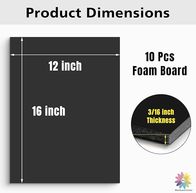 Mat Board Center Premium Black Foam Core Board - 12x16 Inches 3/16" Thick - 10 Pack - Acid-Free - Ideal for Mounting, Crafts, Art, and Presentations