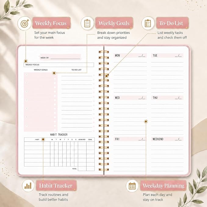 Undated Weekly Planner Notebook, 52-Week To-Do List Organizer with Weekly Goals, Habit Tracker and Priority Planner, Spiral Bound 5.7" x 8" Planner for Women and Men
