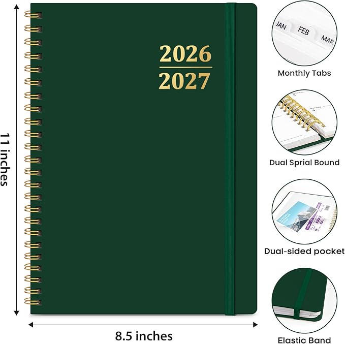 8.5" x 11" Academic Planner 2026-2027, Weekly & Monthly Calendar Planner Book, July 2026 – June 2027, Large Hardcover Organizer with Tabs, Perfect for Teachers, Students, Women & Men – A4, DarkGreen