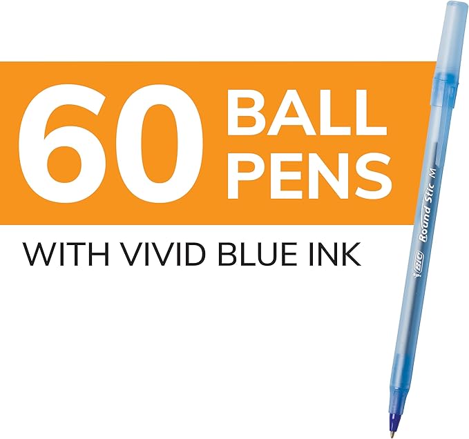 BIC Round Stic Xtra Life Ballpoint Pen with 1.0 mm Medium Point and Consistent Ink Flow in Blue Ink, 60 Count (Pack of 2)