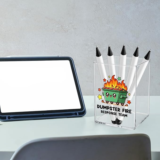 Funny Dumpster Fire Desk Accessories Dumpster Fire Gifts Office Desk Pencil Holder for Women Men Manager Coworker Administrative Professional Boss Day Gifts Acrylic Pen Holder Pencil Pen Cup