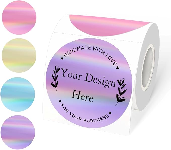 Thermal Label Printer Stickers, 3 Inch Round Holographic Thermal Label Sticker, Circle Holographic Direct Printer Stickers, Perforation Line Design/ 4 Colors