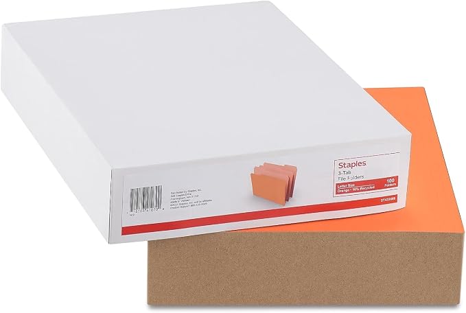 Staples Top‑Tab File Folders, Letter Size, 3‑Tab Design, Orange, Durable Paper Stock, 100/Box