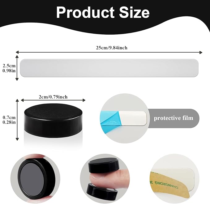 Magnetic Board - 2Pcs Magnet Bulletin Board, Frameless Stainless Iron Magnetic Strips with Adhesive Backing, Magnet Memo Board Bar, Includes 10 Black Magnets for Office, Home, Kitchen, School