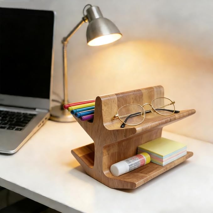 2-Tier Wooden Remote Control Holder Caddy, Decorative Desk Organizer for TV Remotes, Glasses, Office Supplies, Modern Storage Stand for Living Room, Bedroom