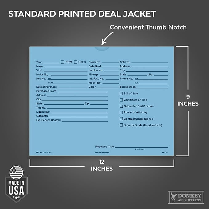 Printed Vehicle Deal Envelopes 9x12 Deal Jackets (100 shrink wrapped) (Blue)