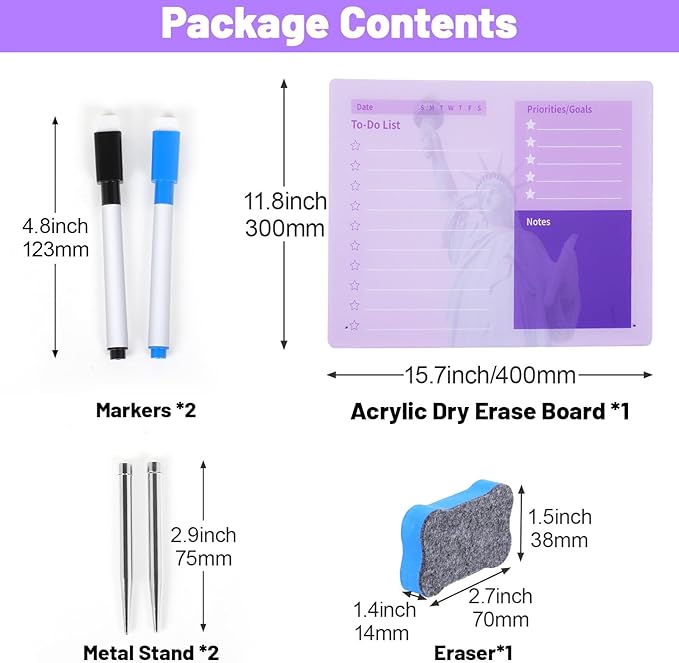 LeMotech Desktop Acrylic Dry Erase Board, 15.7x11.8 inches to-Do List Planner, Tabletop Whiteboard with Stand Office Supplies Includes 2 Markers & 1 Eraser, Purple Statue of Liberty Pattern, 1 Pack