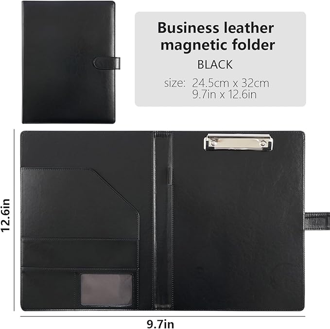 Faux Leather Portfolio with Clipboard – A4/Letter Size Legal Pad Holder, Resume Organizer and Writing Folder, Professional Business Conference Office Padfolio(Black)