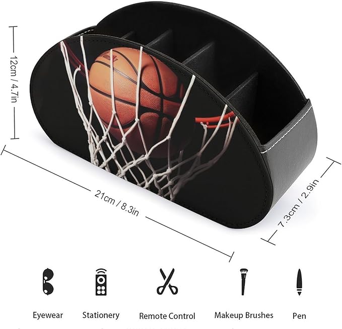 PU Leather Basketball Remote Control Holder Caddy with 5 Compartments Nightstand TV Remote Caddy Small Desktop Organizer Storage for Remotes Makeup Office Supplies