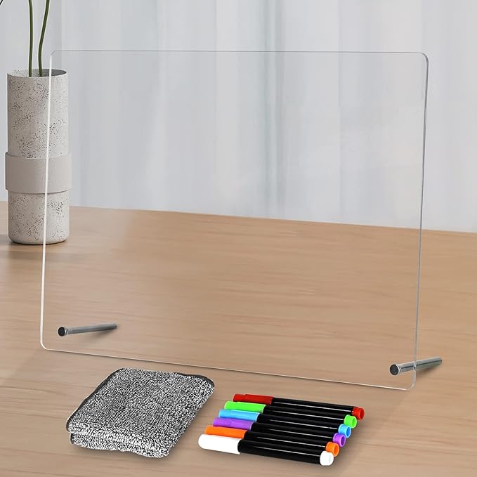 Acrylic Dry Erase Board to Do List Desktop Clear Memo Note Board, 9x13 Tabletop Whiteboard with Stand for Office, Home, School, Includes 6 Dry Erase Markers