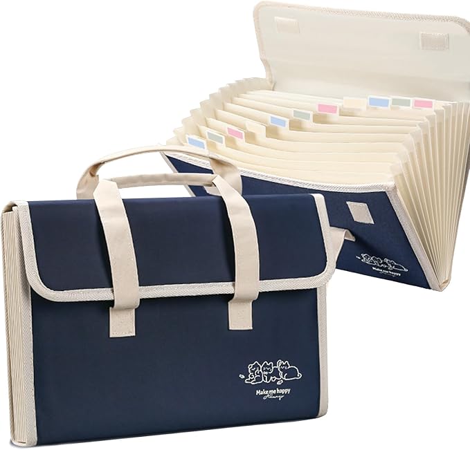 Accordion File Organizer with Handle,13 Pockets Expanding File Folder, Waterproof Oxford Canvas Organizer Accordion File Keeper for Letter Size / A4 File, for Office, School (Blue)