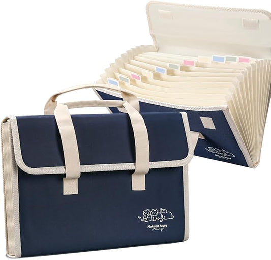 Accordion File Organizer with Handle,13 Pockets Expanding File Folder, Waterproof Oxford Canvas Organizer Accordion File Keeper for Letter Size / A4 File, for Office, School (Blue)