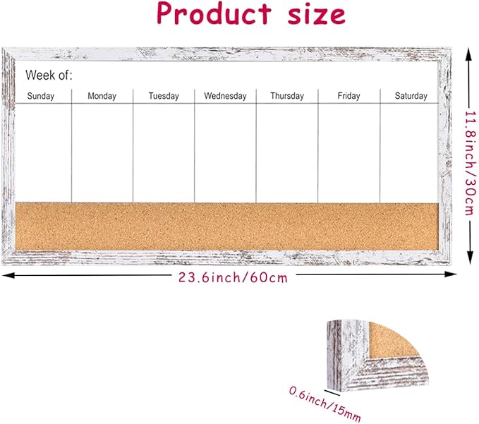 Magnetic Weekly Dry Erase White Board and Cork Board, White Wood Frame，Magnetic Surface Whiteboard for Home Office and Wall Decor(ZHZL-3060WH)