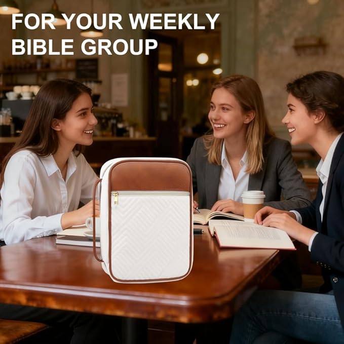 Bible Cover Case for Women, Quilted Large Handle Vegan Leather Bible Bags with Bible Study Supplies Accessories Church,Classroom,Campus,Neighborhood Association (Single White & Brown,M/L)