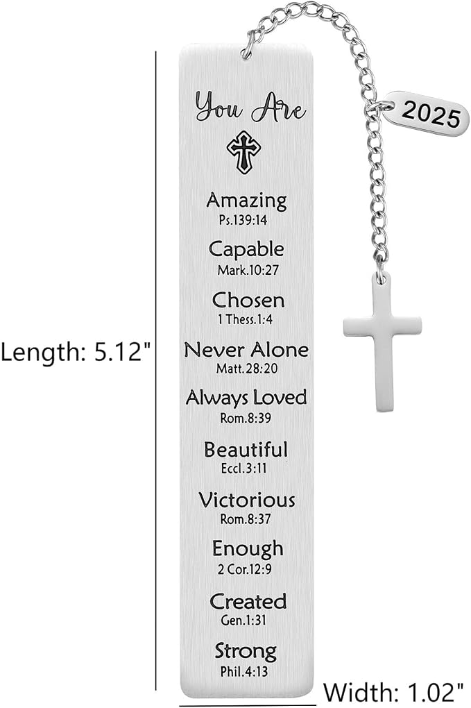 Christian Gift, 2025 Bible Verse Cross Charm Metal Bookmark for Women & Men, Faith-Based Religious Book Mark Gift for Book Lovers, Silver