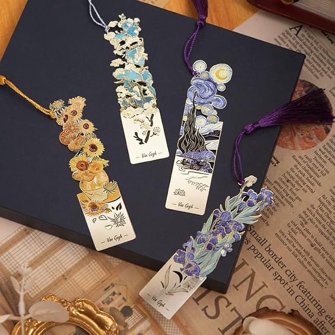 4 Pcs Metal Bookmarks with Tassel, Sliver Hollow Bookmark Van Gogh Oil Painting Theme Bookmark Art Bookmarks for Book Lovers Writers Readers Children Teens Men Women Adults (Van Gogh Gift Box)