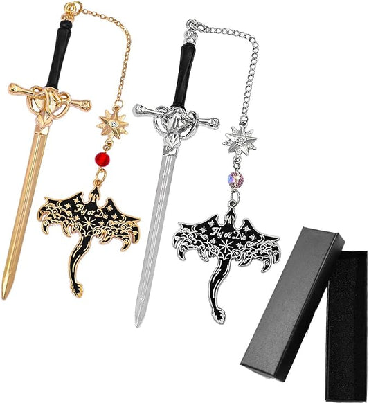 Fantasy Fourth Wing Sword Bookmarks, Flying Dragon Metal Bookmark with Pendant, Book Mark for Reading Women Men Couple Book Accessories,Reading Supplies for Book Lover (Stegosaurus B)