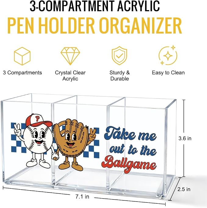 Funny Baseball Lover Acrylic Pen Holder 3 Compartment, Take Me Out To The Ballgame Desk Organizer for Office Home, Back to School Gifts for Women Men Teachers Sports Lovers Baseball Mom Players