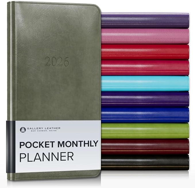Gallery Leather Pocket Monthly Planner 2025-2026, Elegantly Bound Calendar Planner and Notebook with Stylish Gold-Gilded Page Edges, 18 Months - Acadia Cactus - 6x3.25"