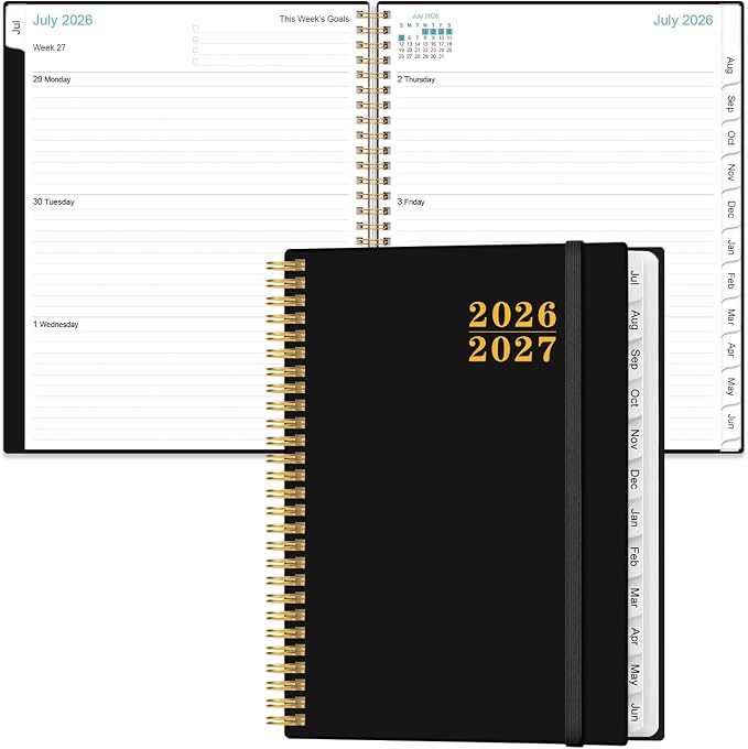 Planner 2026-2027 For Women & Men - Monthly and Weekly Calendar Planner from July 2026 - June 2027, Student Planning with 12 Tabs for Office School Supplies, Inner Pocket, 8.5" x 11", Black