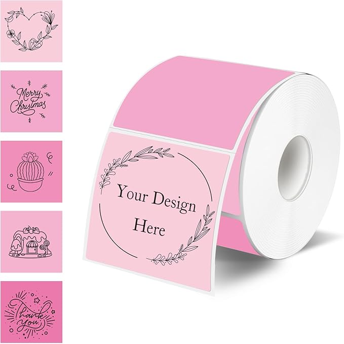 Square Thermal Labels Stickers 2" x 2", Pink Self-Adhesive Square Direct Thermal Labels Stickers, Waterproof& Perforation Line Design- 300 Sheets/Gradient Color