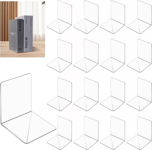 16 Pcs Acrylic Bookends, Book Ends Clear Acrylic Bookends for Shelves, Transparent Bookend Organizer, Book Holder Stand Decorative, Book Stoppers for Heavy Duty Books, CD, File, Video Games