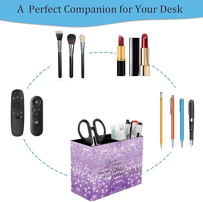 Pen Holder, Pencil Case, Makeup Brush Storage Box, Tableware Storage Box, Suitable for Office Or Home Item Organizing Stand - Purple Glitter Quote Philippians 4-13