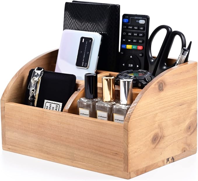 BONNY DODO Remote Control Holders Organizer Box for Table Small Solid Wooden Desk Farmhouse Home Decor Caddy Basket Store ipad for Media Player,Pencil,Glassees&Office Supplies (Wood-M, M)