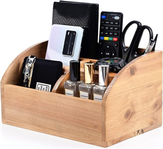 BONNY DODO Remote Control Holders Organizer Box for Table Small Solid Wooden Desk Farmhouse Home Decor Caddy Basket Store ipad for Media Player,Pencil,Glassees&Office Supplies (Wood-M, M)