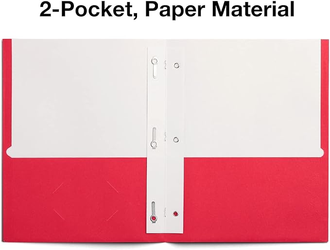 Staples School Grade 2‑Pocket Folders with Fasteners, Red, Letter‑Size Durable Classroom & Office File Folders, 25/Box