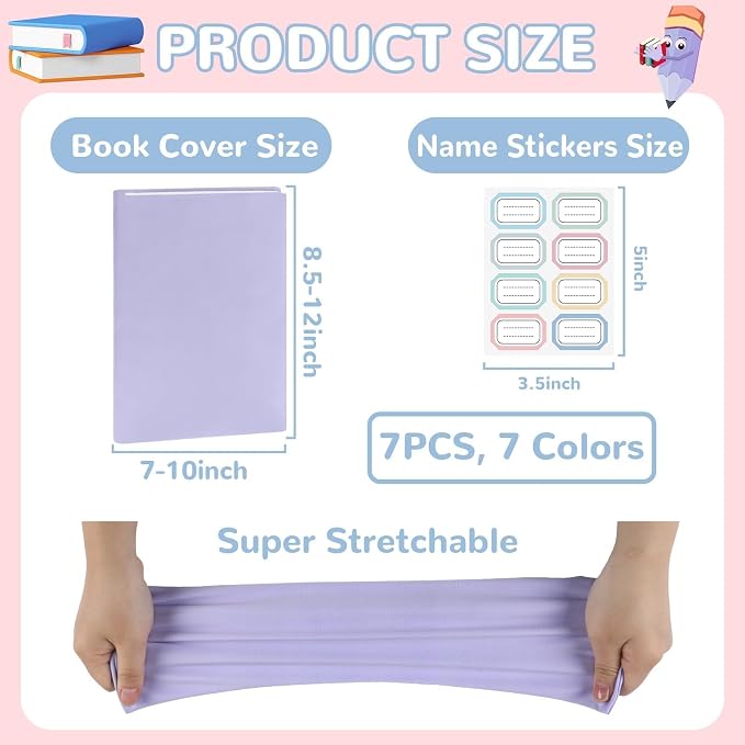 QOUBAI Jumbo Stretchable Book Covers 7PCS Reusable Fabric Book Covers with Label 9x11in Pastel Girls Protective Sleeve for Hardcover Book Textbook Cover for School Fits Most Book Sizes Up to 10x12.5in