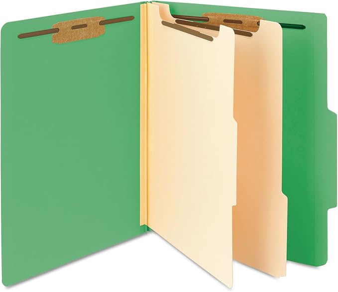 Smead Classification Folder with Prongs, 2 Dividers, 2" Fasteners, Letter Size, for Documents Organization, Durable File Organizer for Home, School or Office, Green (14702)