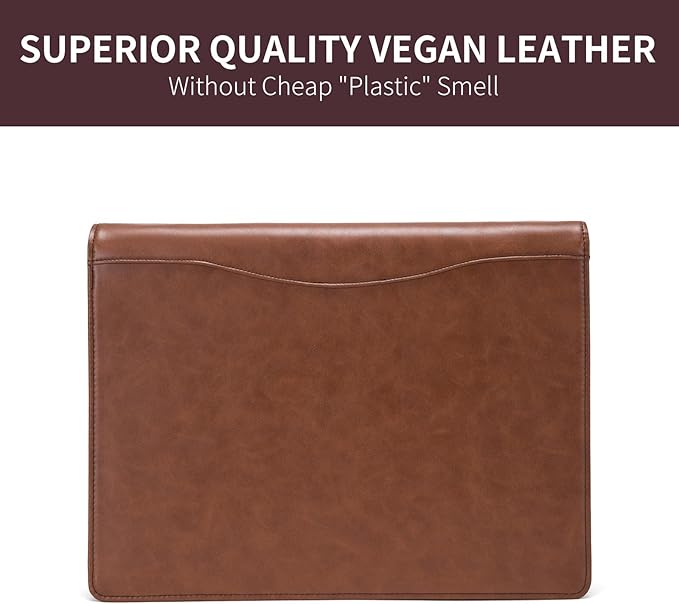 Vegan Leather 3 Ring Binder, 8.5 x 11 Letter Size Folio with Pen Holder, Soft Notebook Portfolio Cover, Slim Notepad Padfolio Thin File Organizer for Work Executive Meeting, Brown