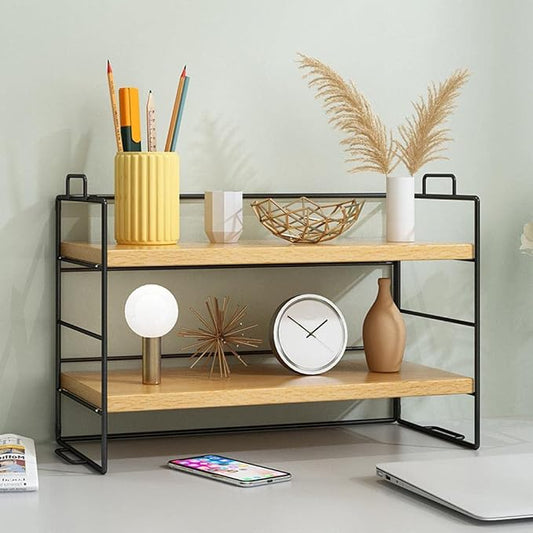 Desktop Shelf Organizer, Small Wood Countertop Bookshelf Adjustable Desktop Organizer Office, Desk Storage Tabletop Display Shelf for Home Office Kids Dorm (Wood Black Frame)