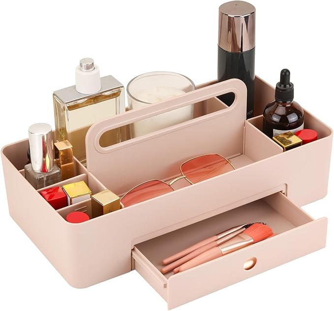 Multipurpose Caddy Organizer with Handle -8 Compartments and 1 small drawer - Art Craft Supplies, Office, Desk, Stationery Pen Holder, Makeup, Bathroom, Shower, Cleaning, Dorm Organizer - Pink