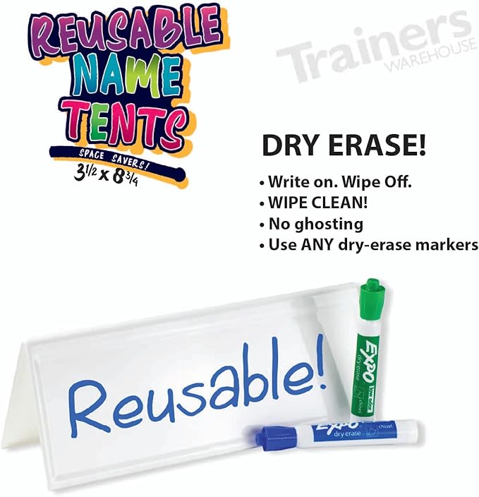 Trainers Warehouse Heavy Duty Premium Reusable Name Cards, White, Dry-Erase Tent, Space Saver, 8.75" x 3.5" (10)