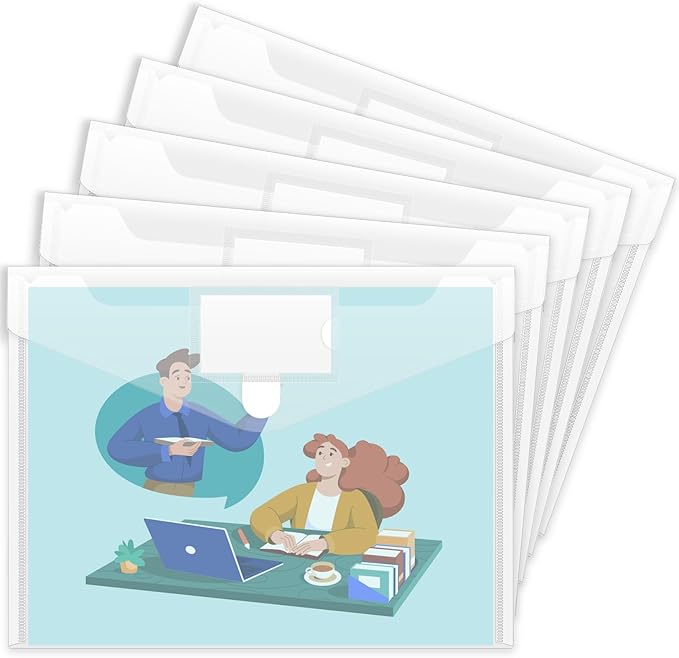 Sooez 5 Pack Plastic Envelopes Poly Envelopes, Clear Document File Folders US Letter A4 Size File Envelopes with Label Pocket for School Home Work Office Organization, Clear