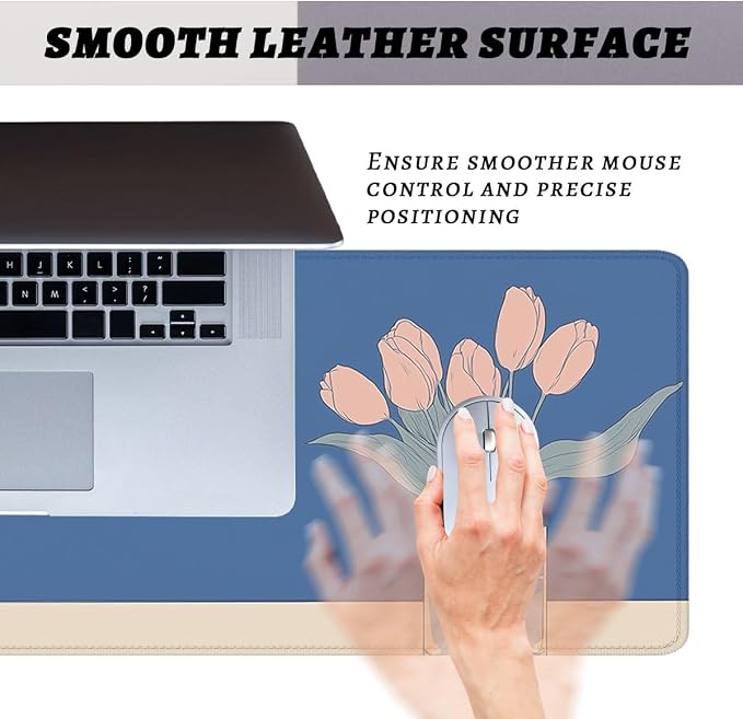 Minimalist Flowers Desk Mat Gaming Mouse Pad Blue Tulip Vase Large Gaming Mouse Mat with Stitched Edges,Non-Slip Waterproof Rubber Base Mous Mat Office Computer Keyboard 31.5"x11.8"