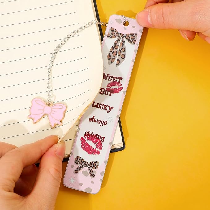 Pink Bowknot Stainless Steel Bookmark - Printed with Cute Bowknot Patterns & Equipped with Heart Pendants, Ideal for Female Readers, Perfect Birthday Gift for Girlfriends (2pcs Set B)