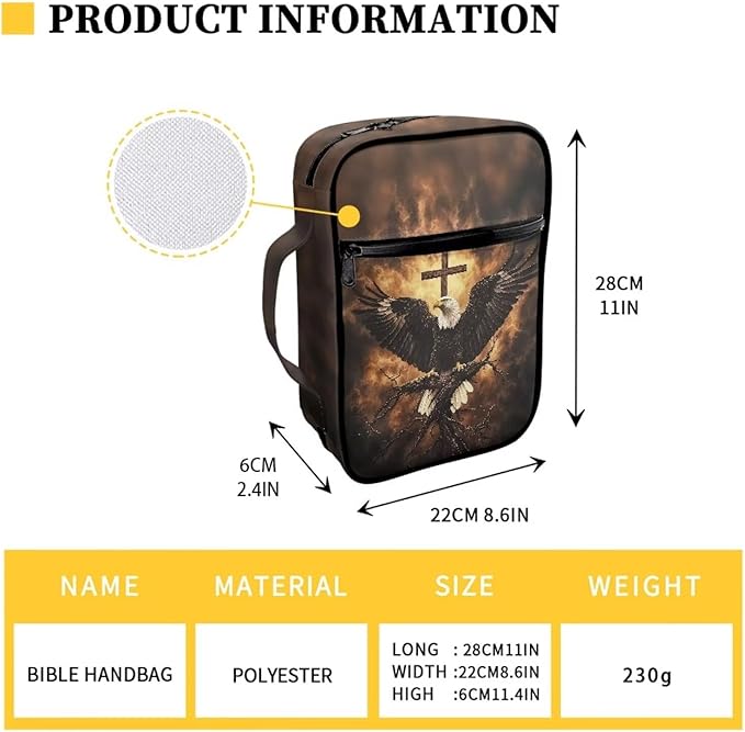 Suobstales Eagle Cross Fire Print Bible Cover Carrying Book Case for Women Men Lightweight Bible Bag Bible Protective with Handle and Zippered Pocket