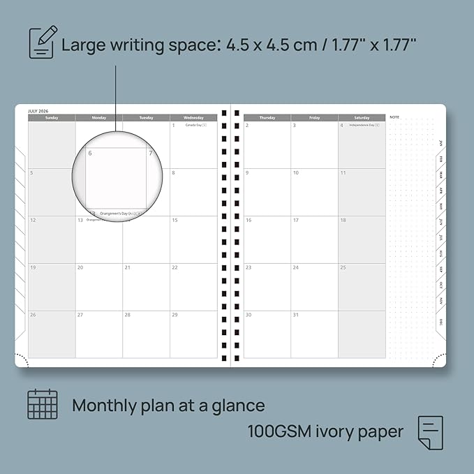 POPRUN 2026 Planner (Jan.-Dec.), Medium-6.75" x 8.75", Horizontal Weekly Notebook, 12-Month Calendar Book with Monthly Tabs, Spiral Soft Cover, Inner Pocket, 100 GSM - Pacific Green