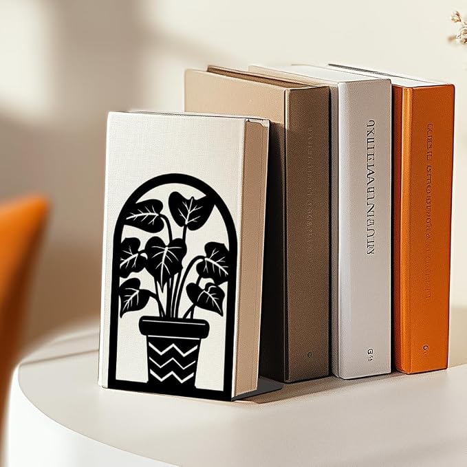 Plant Flowerpot Book Shelf Decorative Bookends for Shelves, Book Ends for Heavy Books, Flowerpot Shelf Metal Bookends for Desk Organizer, Office Library Decor Decorative Books for Home Decor