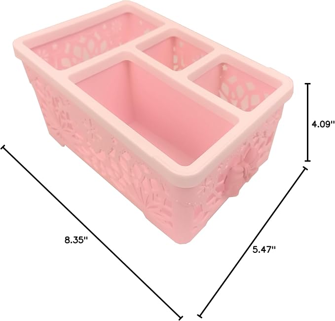 Pink Bow 4 Compartment Plastic Storage Caddy, Hollow Lace Divided Vanity Organizer Bin, Cute Pastel Pink Desktop Basket for Cosmetics Stationery Small Accessories (Bowknot B)