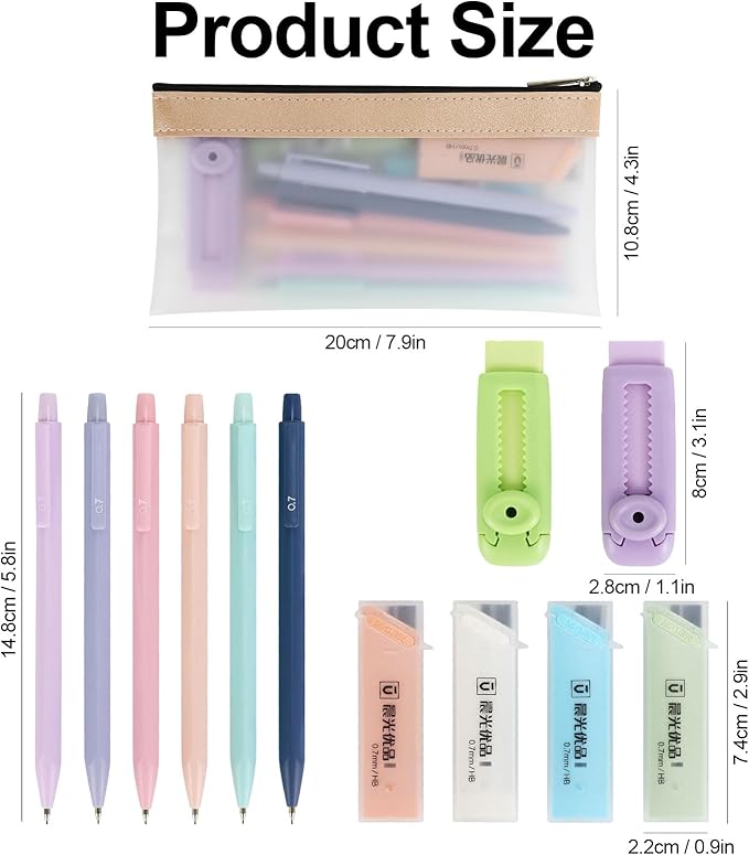 Buqoo Mechanical Pencil Set, 6PCS 0.7mm Cute Pastel Mechanical Pencils, 2Push-Pull Retractable Eraser with 80PCS HB 0.7 Lead Refill and Zipper Bag Pencil Kit for Art, Drawing Pencils for Sketching
