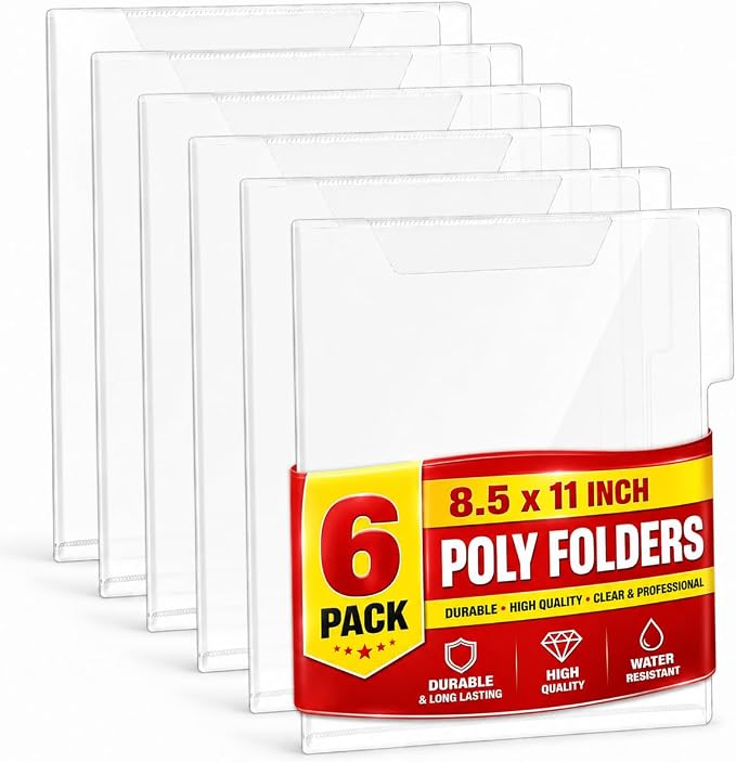 1InTheOffice Clear Plastic Folder Letter Size, Poly File Folder 3 Tab, (6 Pack)
