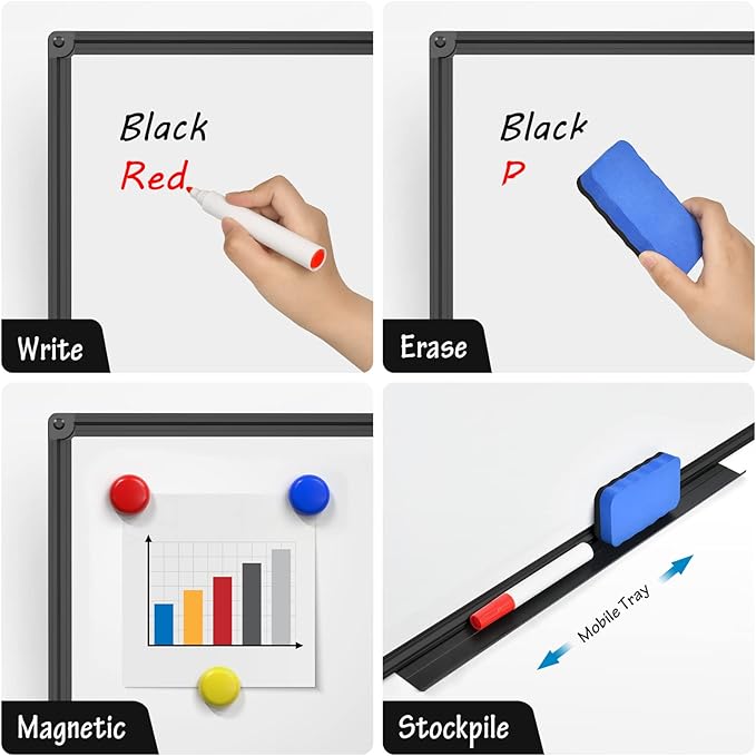 SunyesYoon Magnetic Dry Erase Whiteboard 48 x 36 Inch - 4 x 3 Large White Board, Black Aluminum Frame Wall-Mounted, Magnetic Eraser, 2 Pen, Detachable Marker Tray, 6 Magnets for Office, School