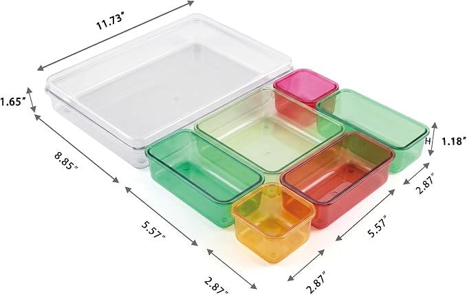 MOSSRIVER 7 Pack Clear Drawer Organizer Set, Plastic Desk Organizer Bin with Lid & Trays, Colorful Storage Box with Removable Trays for Cosmetics, Jewelry, Bedroom, Bathroom, Office, Combo 12