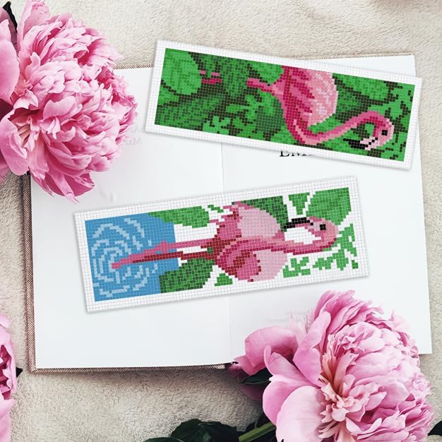 INFUNLY 6PCS Flamingo Cross Stitch Bookmarks Kit Pink Handmade Cross Stitch Bookmarks Make Time to Read DIY Cross Stitch Bookmark Set with Backing Felt Floss Instruction for Adult Book Lovers